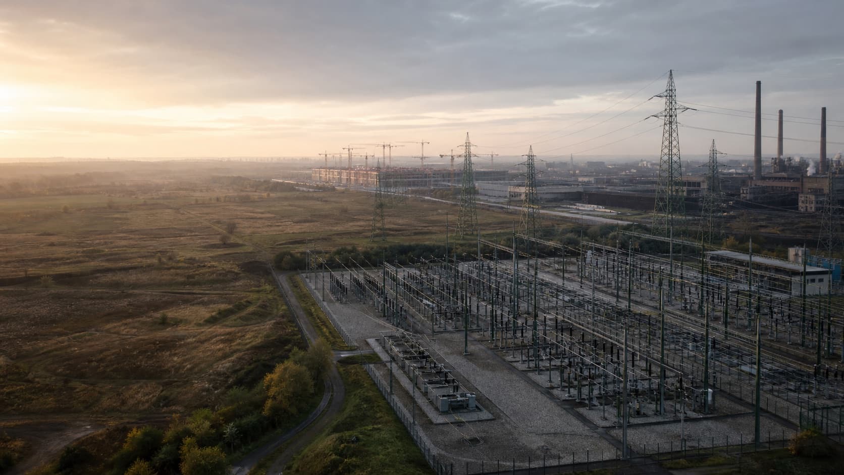 A high-voltage substation beside a European industrial landscape